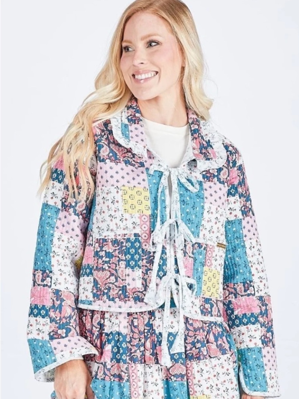 Patchwork Tie-Front Quilted Jacket - Pink & Blue
